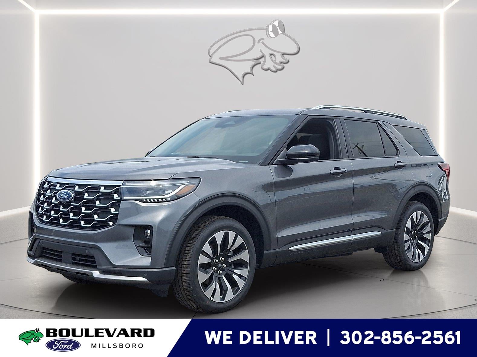 2026 Ford Explorer Platinum in Carbonized Gray Metallic — front three-quarter view