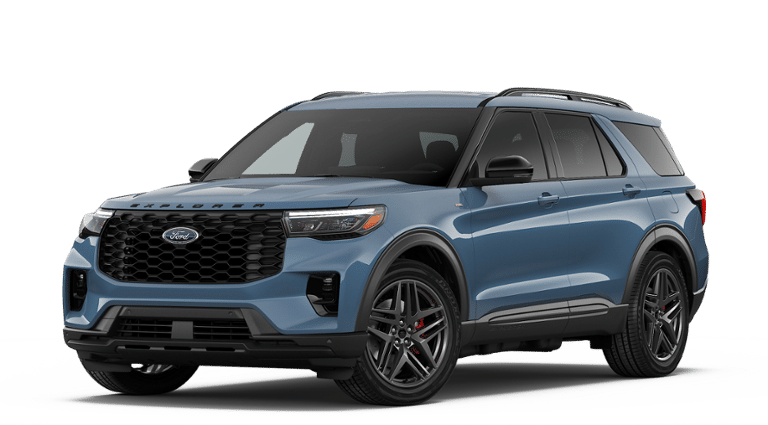 2026 Ford Explorer ST-Line in Vapor Blue Metallic — front three-quarter view