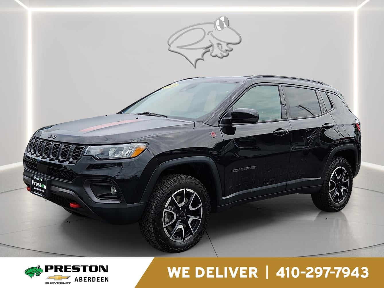 2025 Jeep Compass Trailhawk in Black — front three-quarter view